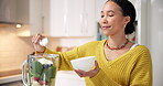 Blender, cream and ingredients with woman in kitchen for detox, health or weight loss diet. Fruit, organic and smoothie with happy person in apartment for drink preparation, nutrition or wellness