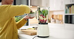 Blender, hands and ingredients with woman in kitchen for detox, health or weight loss diet. Fruit, organic and smoothie with person in apartment for drink preparation, green nutrition or wellness