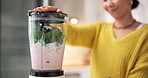 Hands, blender and ingredients in kitchen for smoothie, meal prep and process for healthy drink. Person, chef and container with fruit, milkshake and nutrition for weight loss with wellness at house