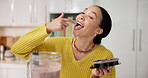 Smile, woman and taste smoothie at house to check flavor, healthy drink and nutrition for weight loss. Person, blender and lick finger for shake texture, diet beverage and morning detox for wellness