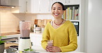 Happy woman, face and smoothie with blender in kitchen for healthy diet, detox or breakfast in home. Portrait, female person or nutritionist with smile, drink or organic beverage for weight loss