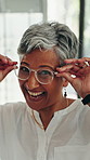 Excited, glasses and face of mature woman with smile for frame, prescription lens and sight. Healthcare, optometry and portrait of person with spectacles for vision improvement, eye care and service