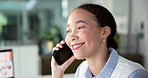 Woman, secretary and phone call with smile, conversation and business communication in office. Female person, receptionist or administrator with technology for chat, feedback or advice for networking