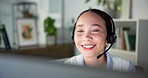 Computer, call center agent and happy woman in office for faq, multilingual support and help desk. Smile, contact us and consultant talking for customer service, feedback and language translation