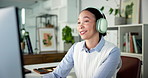 Headphones, dancing and businesswoman in office with music, playlist or radio for project. Audio tech, computer and female creative director listening to album for entertainment on break in workplace