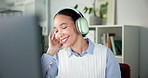 Headphones, happy and businesswoman in office with music, playlist or radio for project. Audio tech, dance and female creative director listening to album for entertainment on break in workplace.