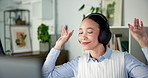 Headphones, dance and businesswoman in office with music, playlist or radio for project. Audio tech, happy and female creative director listening to album for entertainment on break in workplace.