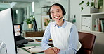 Call center, agent and woman with headset, face and telemarketing with smile for sales and confident. Happy, telemarketer and person with tech for customer service, lead generation and consultation