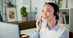 Computer, call center consultant or happy woman in office for faq, multilingual support or help desk. Smile, headset or agent talk for customer service, business feedback and language translation