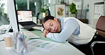 Business, woman or sleeping in office with burnout, fatigue or overworked in data analytics company. Exhausted, analyst or female person resting in workplace with workload pressure, stress or crisis.