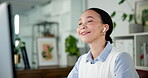 Earphones, computer and music with business woman in office for streaming service, smile and radio. Dancing, happy and audio subscription with person in creative agency for sound and connection