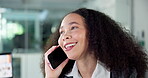 Smile, business and woman with phone call in office for discussion, story planning and contact source. Person, talking and mobile for editor feedback, schedule update and conversation for publication