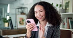 Typing, laugh and woman in office with phone, online networking or positive feedback on client. Digital, smile and marketing consultant in agency with tech, stakeholder chat or good news on email.