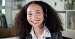 Call center, consultant and woman with headset, face and happy for lead generation and telemarketing. Confident, agent and African person with tech for communication, contact us and customer service