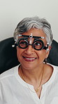 Optometry, eye exam and mature woman with lens for consulting, eyesight and vision test. Healthcare, optical frame and optometrist with person and tools for glasses, clinic diagnosis and prescription