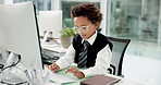 Computer, business and boy typing in office for accounting report, budget or email for role play. Kid, research and writing with desktop in workplace for bookkeeping, finance info and pretend