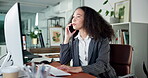 Business, woman and computer with phone call in office for discussion, story ideas and contact source. Person, talking and mobile for editor feedback, schedule update and information for publication