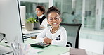 Smile, business and face of child in office for accounting, development opportunity or role play. Glasses, desktop and happy girl in workplace for financial bookkeeping, pretend or coworking portrait
