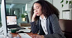 Tired, bored and computer with business woman in office for research, fatigue and project burnout. Proposal mistake, exhausted and online glitch with person in agency for frustrated and brain fog