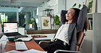 Stretching, employee and woman in office, relax or smile for complete project, accountant and online. Happy, person and done with financial report on website, rest and finished deadline on computer