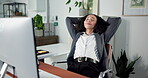 Computer, finance and relax with business woman at desk in office for budget or risk management. Accounting, hands behind head and investment with financial employee at work on pc for administration