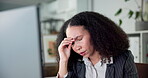 Tired, headache and computer with business woman in office for research, fatigue and project burnout. Proposal mistake, exhausted and online glitch with person in agency for frustrated and brain fog