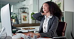 Tired, neck pain and computer with business woman in office for research, fatigue and project burnout. Proposal mistake, exhausted and online glitch with person in agency for frustrated and brain fog