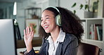 Happy woman, headphones or wave with video call in office for online meeting or webinar. Business, female person or administrator talking on computer for virtual conference or discussion in workplace