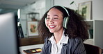 Happy woman, headphones and dancing with music for audio streaming or subscription in office. Female person, administrator and listening with smile on computer for sound entertainment in workplace