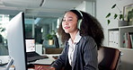 Happy woman, headphones and dancing with music in office for audio streaming or subscription. Female person, administrator and listening with smile on computer for sound entertainment in workplace