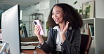 Happy woman, phone or wave with video call in office for online meeting, chat or webinar. Business, female person or administrator talking on mobile smartphone for virtual discussion in workplace