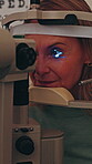 Laser, eye exam and mature woman in clinic, healthcare and machine for vision assessment or eyecare. Ophthalmology, patient and person with equipment, autorefractor and eyesight medical appointment