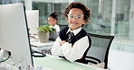 Smile, business and face of kid with arms crossed in office for development, growth or role play. Glasses, desktop and happy boy in workplace for pretend, coworking and portrait with confidence