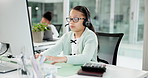 Child, telemarketing and headset in call center, computer and discussion for lead generation or app. Talking, consultant and girl with technology for consultation, conversation and sales on website