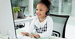 Happy, child and headset in call center, typing and communication for lead generation or discussion. Online, consultation and girl with computer for telemarketing, smile and sales on web and tech