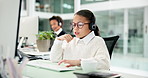 Talking, child and headset in call center, computer and communication for lead generation and online. Telemarketing, consultant and girl with technology for consultation, chat and sales on website