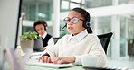 Online, child and headset in call center, computer and communication for lead generation and talking. Telemarketing, consultant and girl with technology for consultation, chat and sales on website