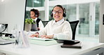 Face, call center and girl in office, business and computer with help desk, crm and contact us. Childhood, customer service and happy employee in workplace, pc and smile with advice and connection