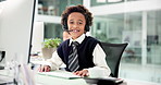 Face, call center and boy in office, business and computer with help desk, smile and contact us. Childhood, customer service and happy employee in workplace, pc and crm with advice and connection
