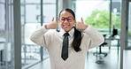 Happy girl, face and thumbs up with business positivity for career day or junior position in office. Portrait, kid or child with smile, like emoji or yes sign for company success, feedback or review