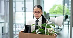 Fired, employee and child with box, office and leaving with items, face and unemployment and notice. Dismissed, worker and girl with cardboard, termination or kid with financial crisis in business