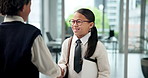 Children, handshake and happy with pretend in office with business, welcome and introduction at company. Kids, boy and girl with shaking hands, hiring and smile with onboarding at recruitment agency