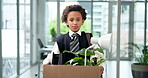 Employee, dismissal and child with box, office and sad with items, face and unemployment and notice. Fired, worker and boy with cardboard for job loss, termination or stock market crash in business