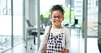 Face, business and smile with kid in office for growth, development or about us with secretary. Happy, glasses or portrait of confident employee, receptionist or proud professional girl with document