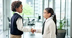 Business people, kids and meeting with handshake for junior introduction or greeting in office. Girl, boy or children shaking hands with smile for company agreement, deal or partnership in workplace