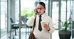 Business girl, child and phone call with coffee in office for conversation, discussion or chat. Kid, employee or negotiation with mobile smartphone for career, company startup or junior development