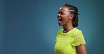 Frustrated, screaming and woman in studio, loud and reaction for scholarship rejection and bad news. Blue background, student and shout for financial crisis, mockup space or black person with emotion