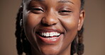 Dental, face or black woman in studio with smile, mouth or tooth wellness for insurance marketing. Closeup, happy and girl on brown background with hygiene, whitening or dentistry in oral health.