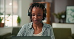 Freelancer, call center agent and black woman with computer for technical support, crm or help desk. Remote work, headset and consultant talk for IT, customer service or contact us in home with bokeh