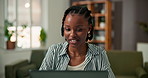 Conversation, laptop and video call with black woman on sofa in living room of home for discussion. Computer, explain and virtual meeting with happy African freelancer is apartment for communication